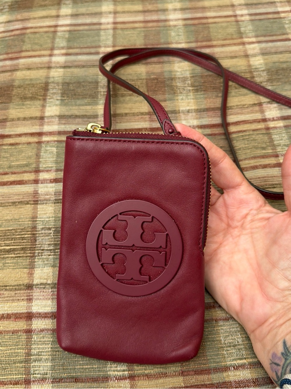Tory Burch Burgundy Leather Logo Phone Crossbody